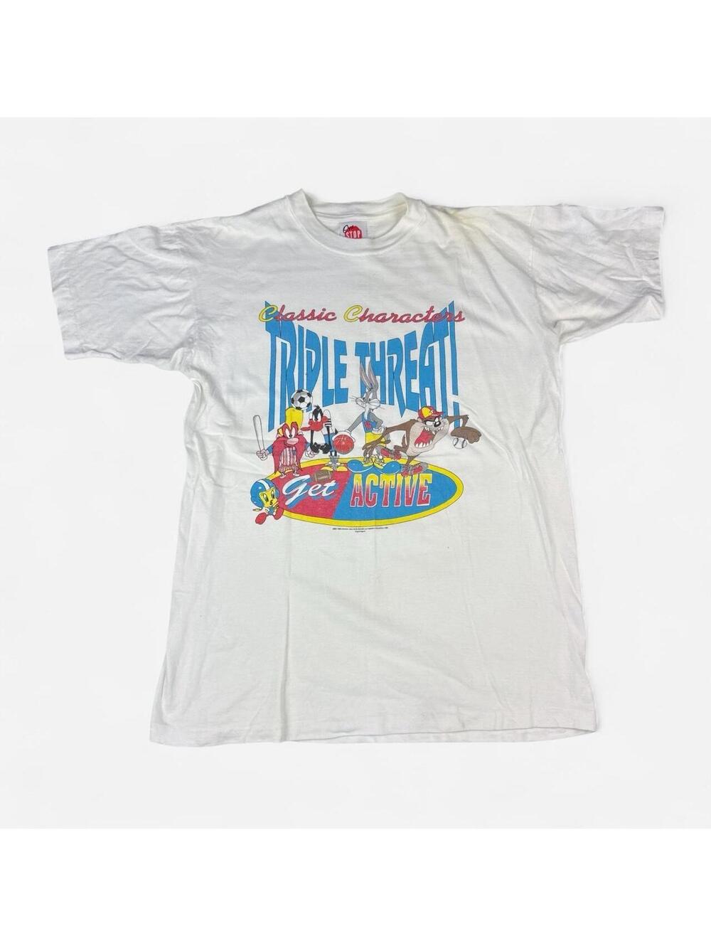 White Looney Tunes Classic Characters Triple Threat Get Active tee One Size 90s